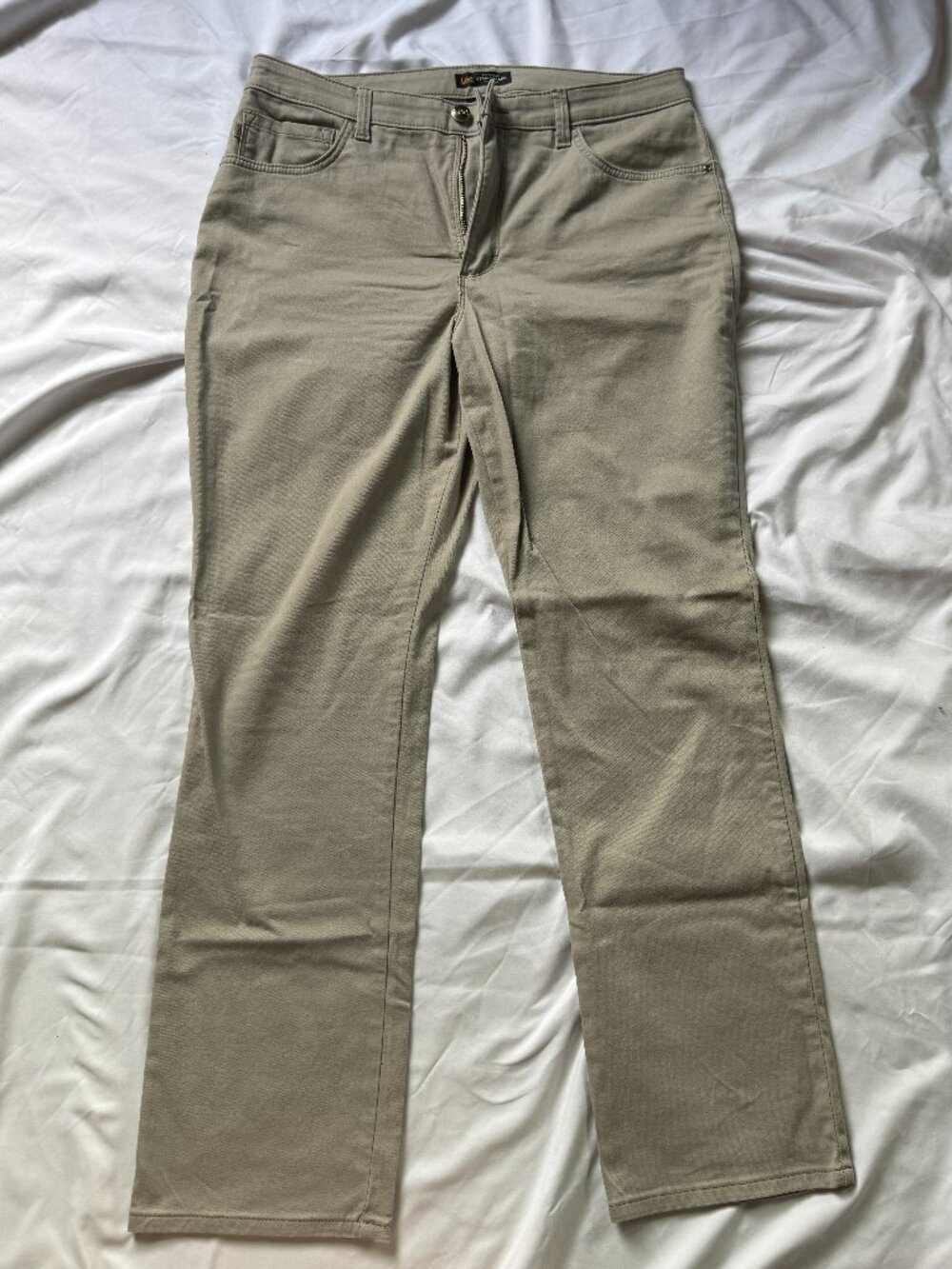 Lee Relaxed Fit Straight Leg High Rise Pants Womens 14 Beige Stretch